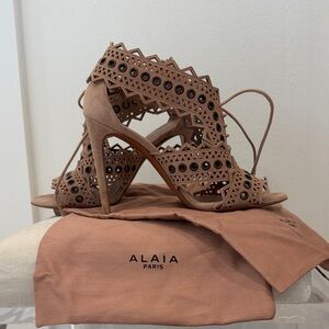 Alaïa Tan Laser-Cut Lace-Up Suede Heels